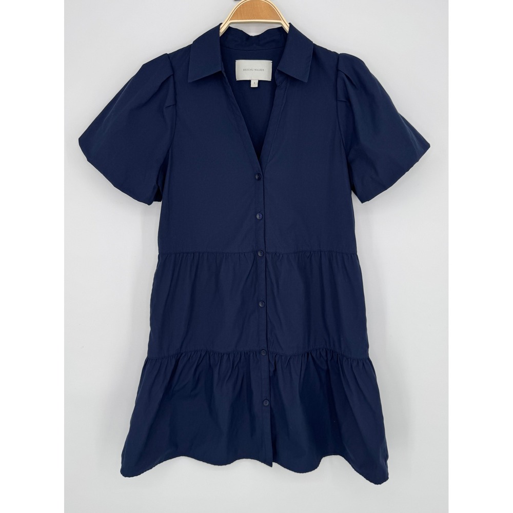 Brochu Walker Havana Mini Dress Small Navy Tiered Puff Sleeve Preppy Coastal - Picture 5 of 13